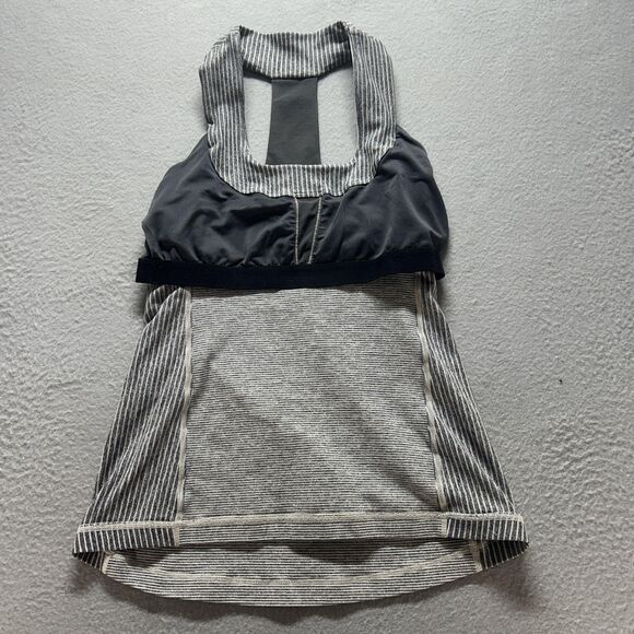 Lululemon Tank Top Womens 6 Gray White Stripe Built-In Bra Racerback Yoga - Picture 8 of 11